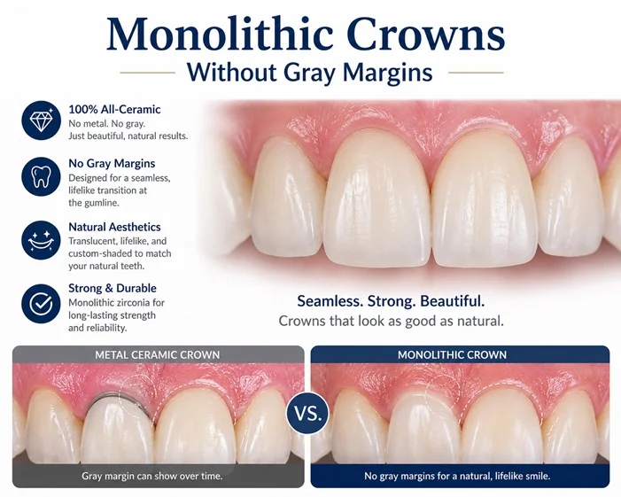 Infographic comparing metal ceramic crowns with gray gumline margins versus monolithic all-ceramic crowns with natural margins; MAP Dental Center Houston West Houston.