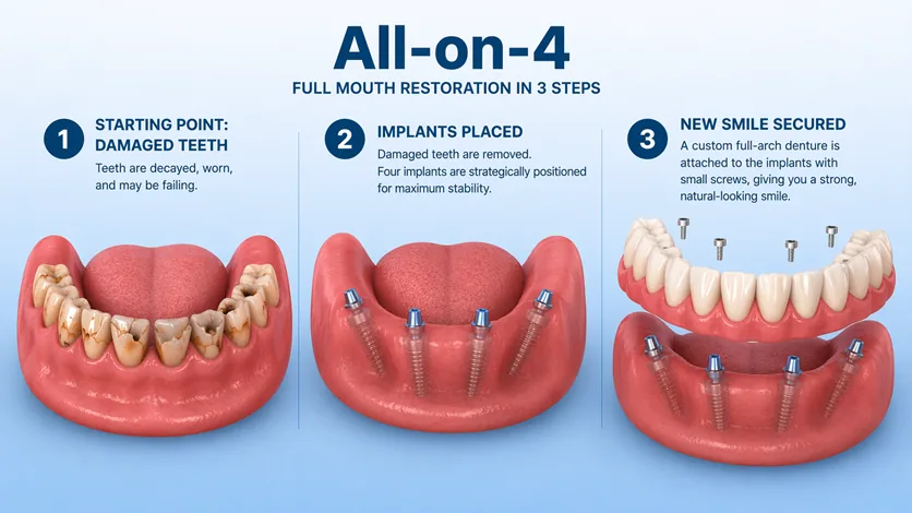 Three-step All-on-4 journey graphic: failing dentition, implant placement, restored smile — MAP Dental Center Houston.