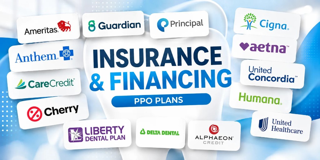 Insurance and financing service banner with PPO carrier and payment partner logos — MAP Dental Center Houston Insurance and financing service banner with PPO carrier and payment partner logos — MAP Dental Center Houston