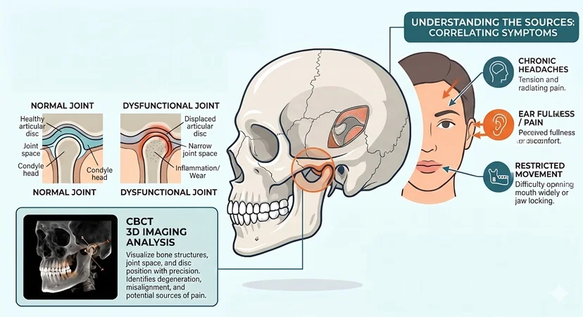 TMJ anatomy infographic: normal versus dysfunctional joint, disc position, and CBCT context — MAP Dental Center Houston, Greenhouse Rd.